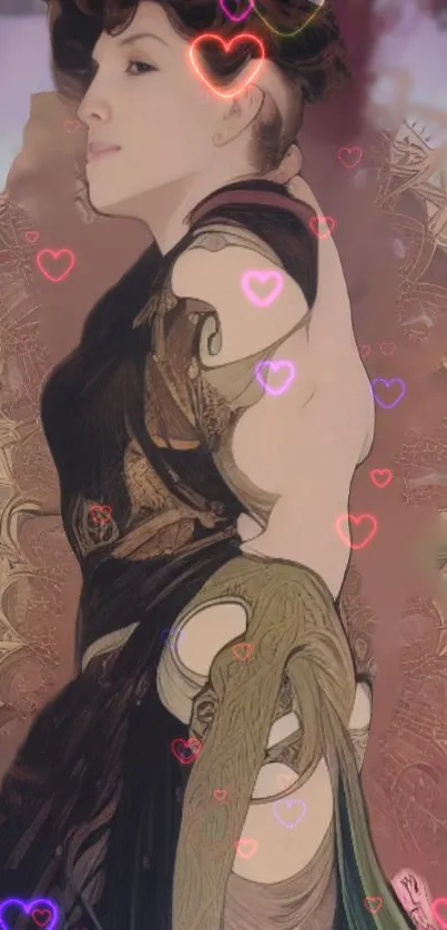 Stylized artistic woman with heart accents in vintage design.