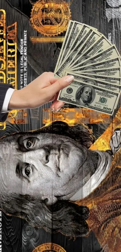 Golden $100 bill on a wooden textured background, luxury mobile wallpaper.
