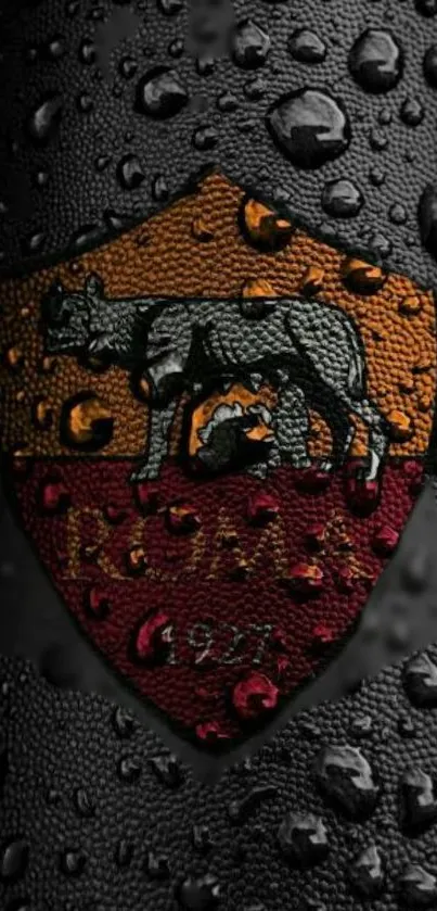 AS Roma soccer emblem on a black background with water droplets.