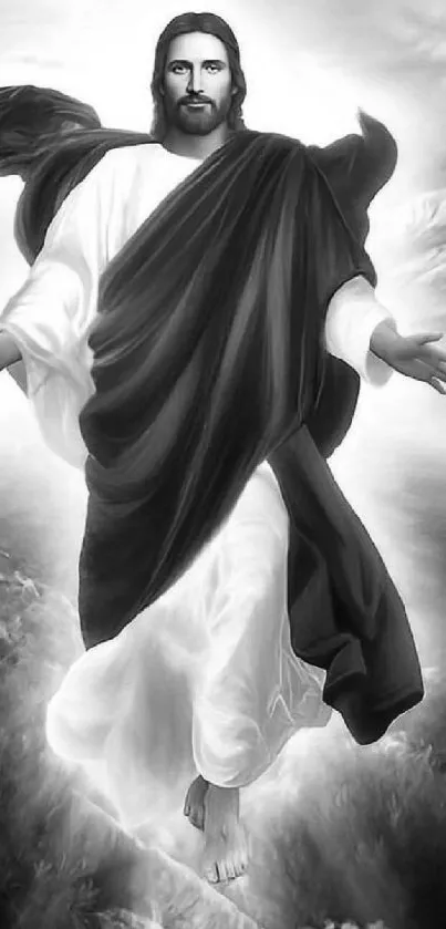 Black and white spiritual artwork depicting ascension on a mobile wallpaper.