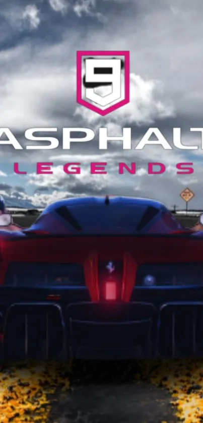 Red sports car in Asphalt Legends with cloudy sky background.