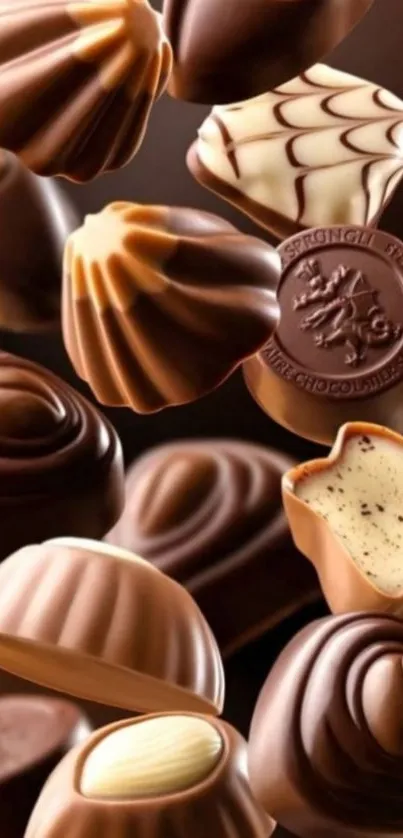 Assorted chocolates in various shapes and designs on a dark background.