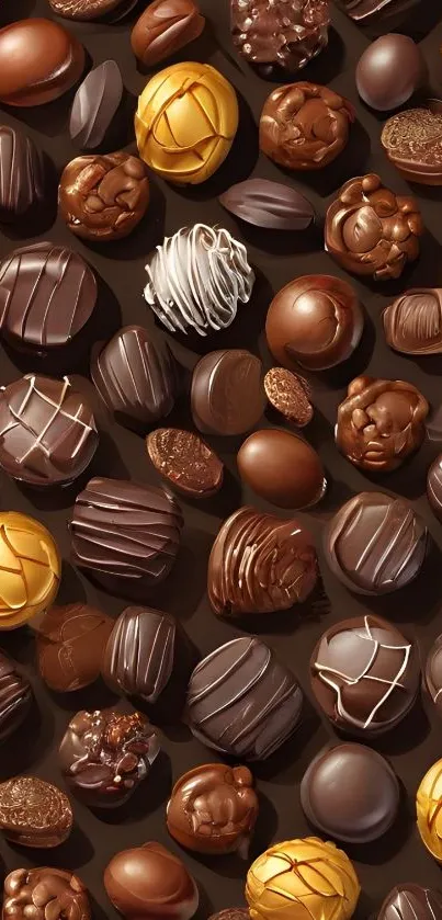 Assorted chocolates in various designs and colors on a mobile wallpaper.