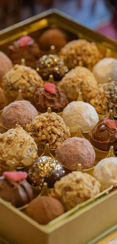 Elegant assortment of gourmet chocolate truffles in a golden box.
