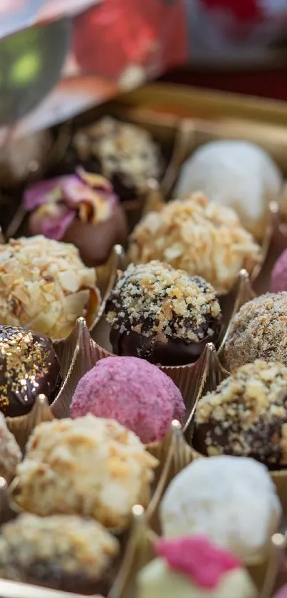 Box of assorted gourmet chocolate truffles in various colors and toppings.