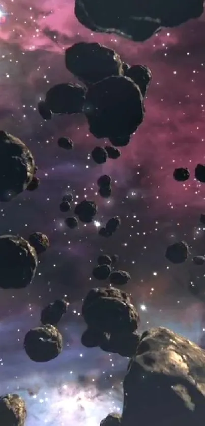 Asteroid belt set against a vibrant purple cosmic background with stars.