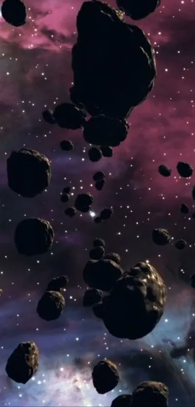 Asteroid field drifting through a purple cosmic sky.