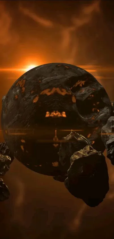 Dark orange asteroid in space with fiery background.