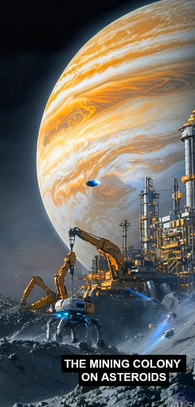Futuristic asteroid mining colony under a vibrant planetary sky.