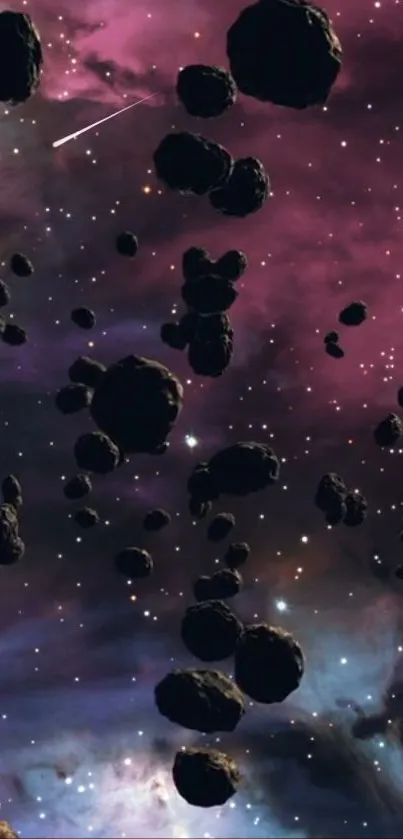 Asteroid field with vibrant purple nebula background.