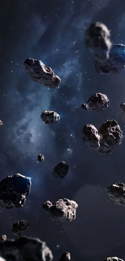 Asteroids floating in deep space with a galaxy background.