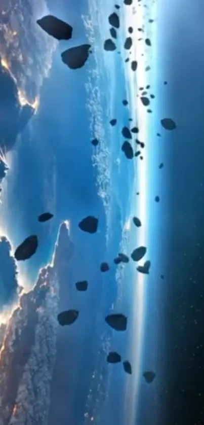Asteroids floating over Earth in space.