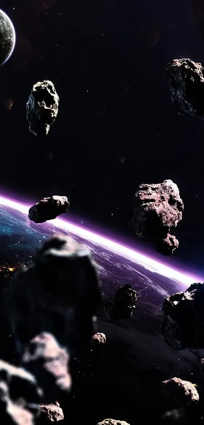 Asteroids floating in deep space over Earth with planets visible.