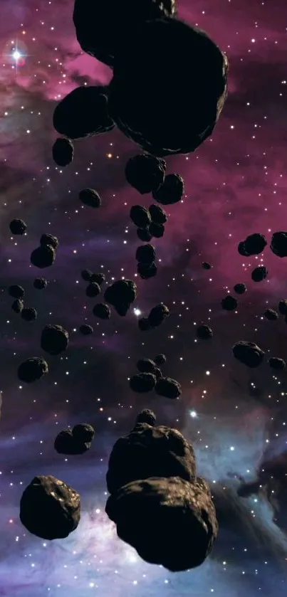 Mobile wallpaper of asteroids in a purple cosmic space scene.