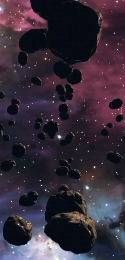 Asteroid field in vibrant purple space scenery.