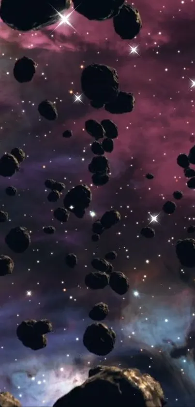 Asteroids floating against a purple nebula cosmic scene.