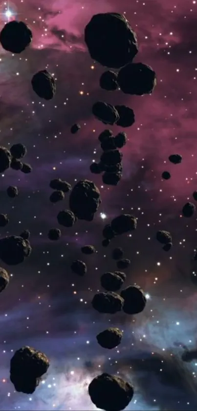 Asteroids floating within a pink nebula backdrop.