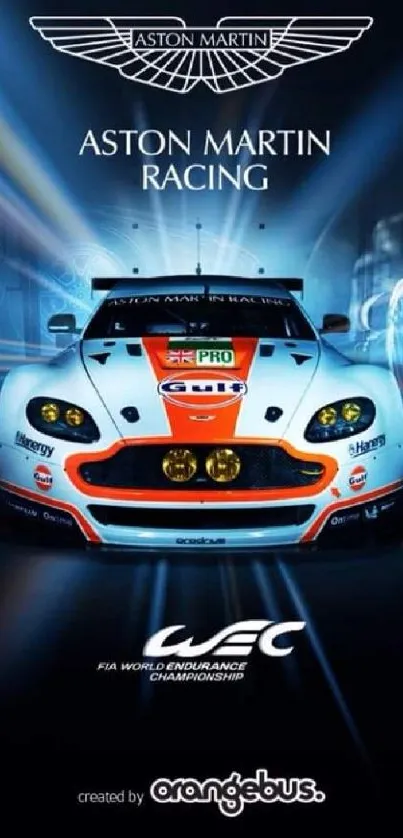 Aston Martin racing car wallpaper with blue lighting and sleek design.