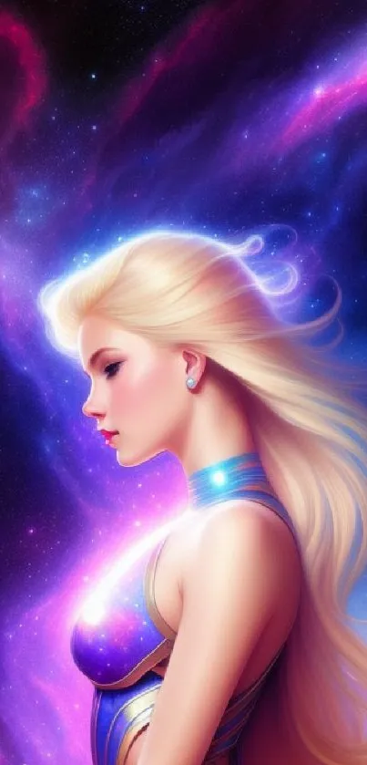 Fantasy artwork of a cosmic woman surrounded by vibrant galaxy colors.