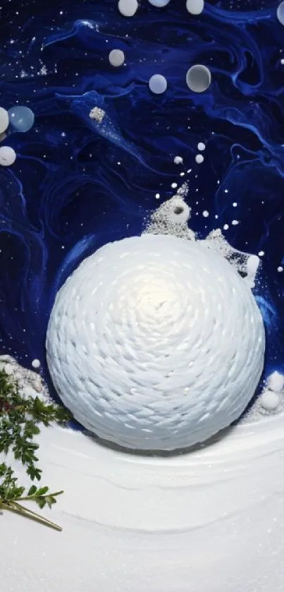 Blue and white artistic wallpaper with abstract swirl and textured sphere.