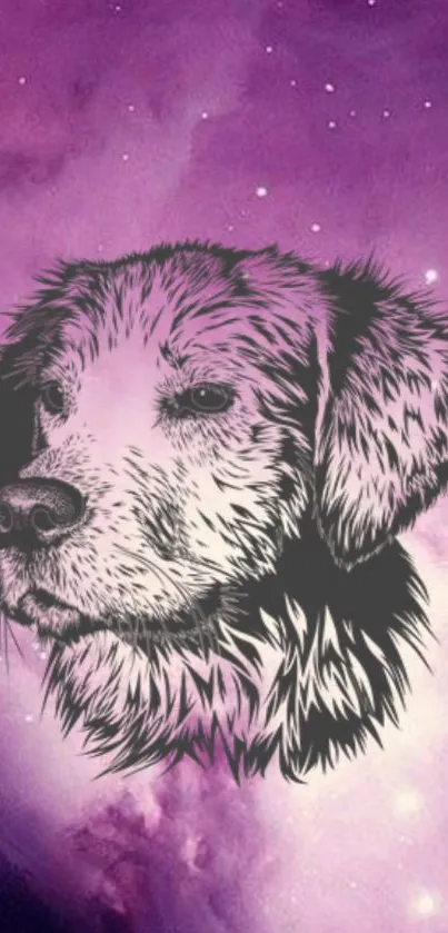 Artistic dog sketch on purple galaxy background wallpaper.