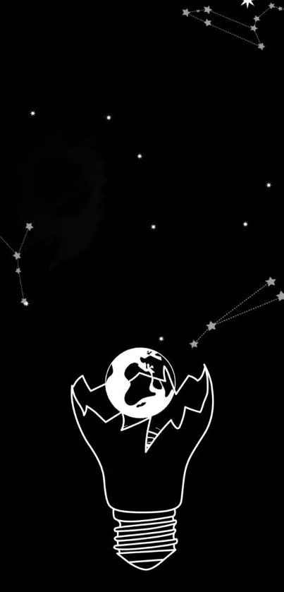 Lightbulb with galaxy design on a black background, featuring constellations.