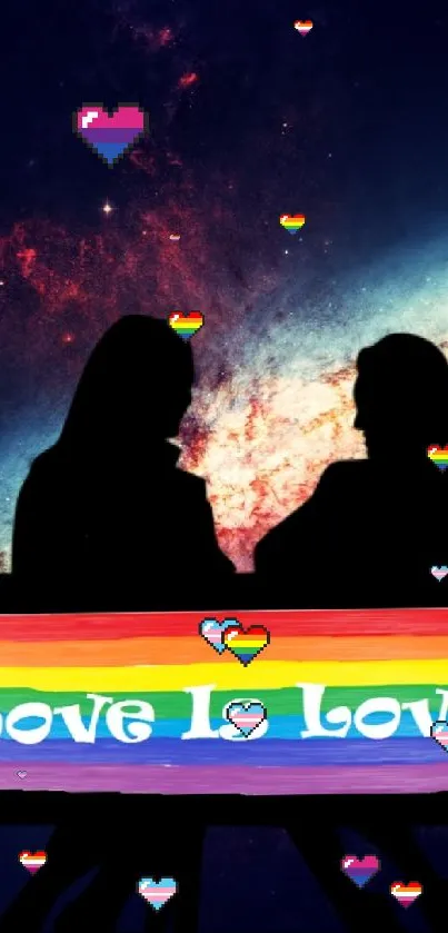 Couple silhouette in space with rainbow and 'Love Is Love' text.