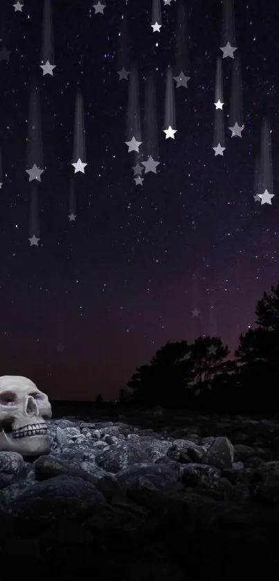 Mysterious skull under a starry night sky on rocky terrain.