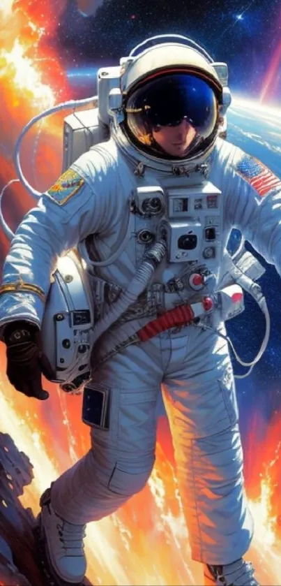 Astronaut in fiery cosmic space, vibrant mobile wallpaper.