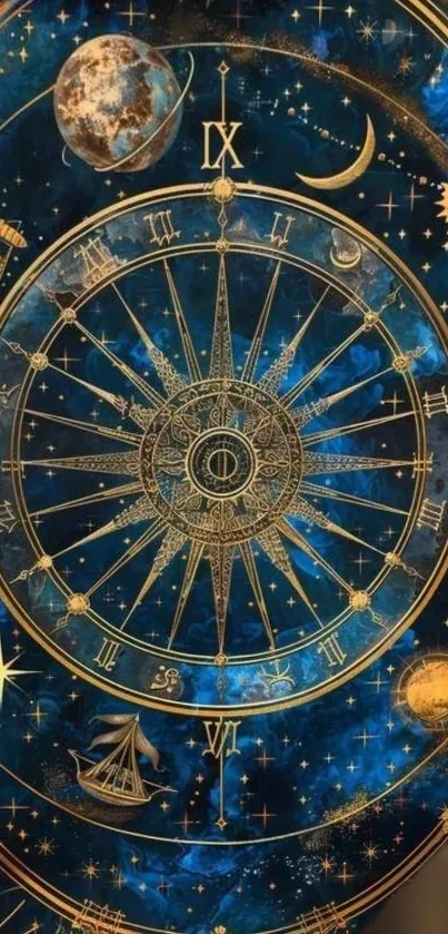 Astrological chart with golden stars on a blue background.