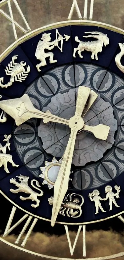 Intricate astrological clock with zodiac symbols in dark blue and gold hues.