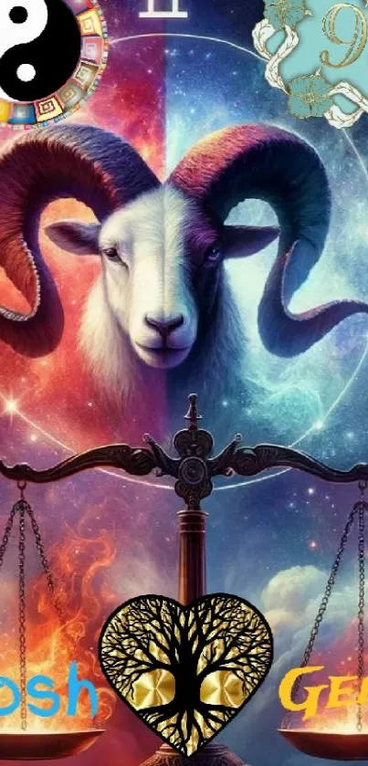 Astrological ram and scales wallpaper with cosmic background.