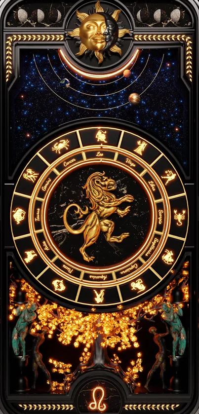 Astrological zodiac wheel with Leo symbol on dark starry background.