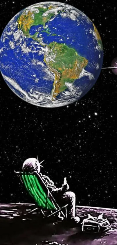 Astronaut on moon with Earth view in space-themed mobile wallpaper.