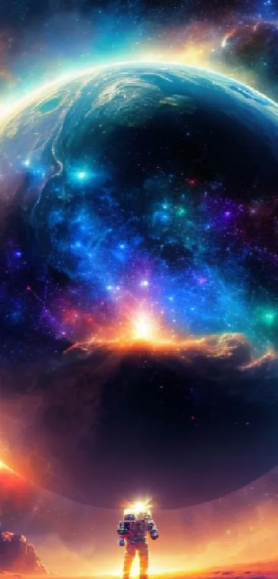 Astronaut beneath a vibrant swirling galaxy on a cosmic landscape wallpaper.