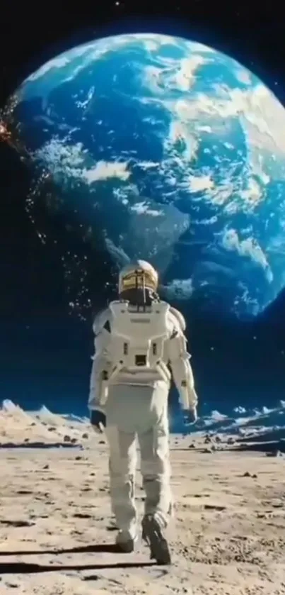 Astronaut walks on moon with Earth in view.