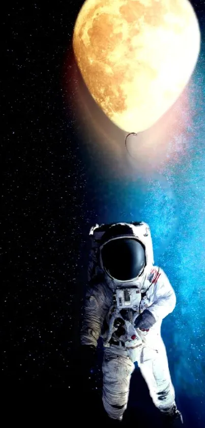 Astronaut with moon balloon against a cosmic backdrop.