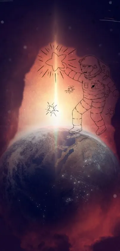 Astronaut reaches for a star above Earth, set against a cosmic background with deep orange hues.