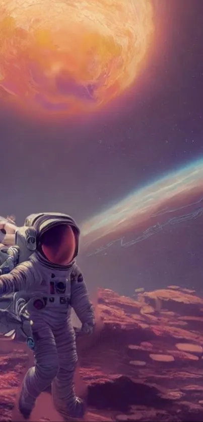 Astronaut walking on alien planet with sun in cosmic background.