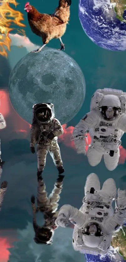 Astronauts floating in a whimsical space scene with planets and a chicken on the moon.