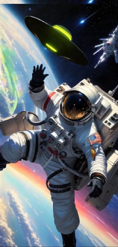 Astronaut floating in space with UFOs and cosmic background.