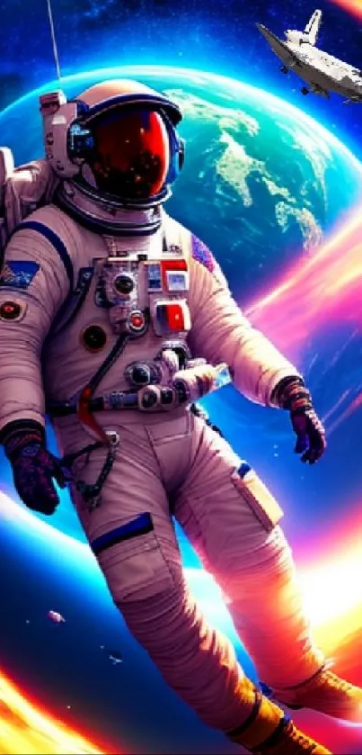 Astronaut floating in vibrant space scene with colorful swirls and Earth in the background.