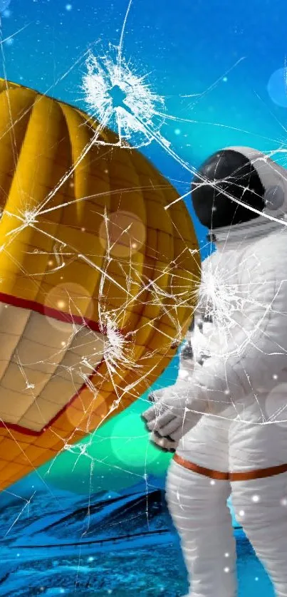 Astronaut and hot air balloon against cracked blue glass effect.