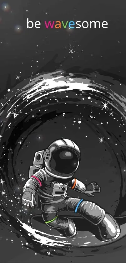 Whimsical astronaut surfing cosmic wave in dark, stylish mobile wallpaper.