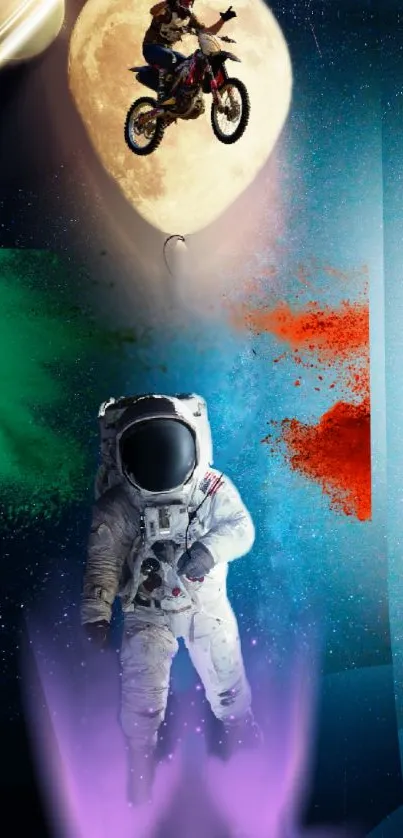 Astronaut explores moon with motorcycle, colorful cosmic background.