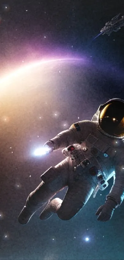 Astronaut floating in deep space with colorful cosmic background.