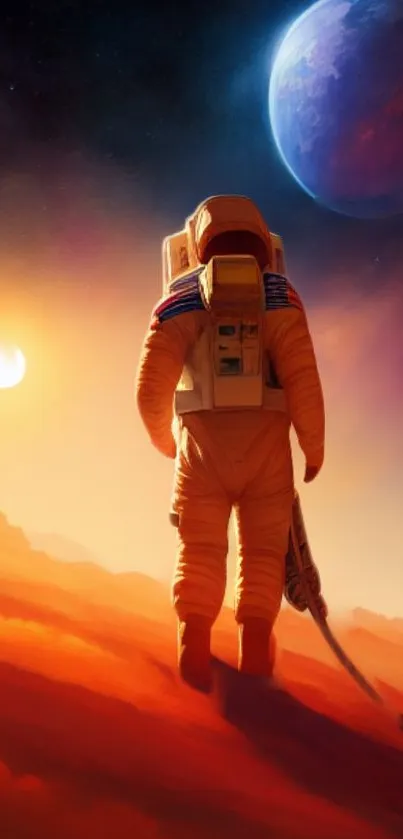 Astronaut on a planet with a sun and distant blue planet in the background.