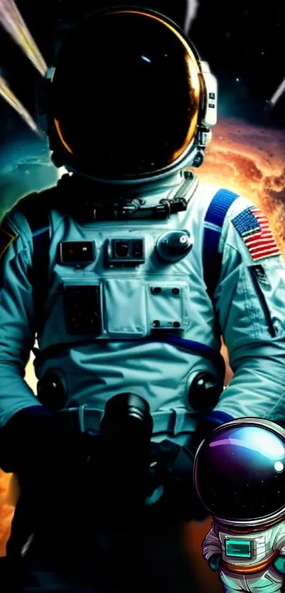 Astronaut stands against a cosmic backdrop, with a cartoon astronaut in the foreground.