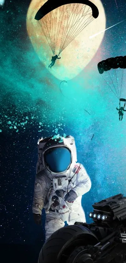 Astronaut with parachuters in space, vibrant cosmic scene.