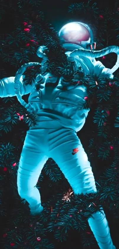 Astronaut in vibrant cyan and green foliage, cosmic wallpaper.